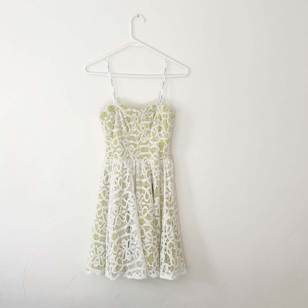 Guess Strapless Lace Dress in Yellow Green White Sweetheart Mini Sheer Illusion